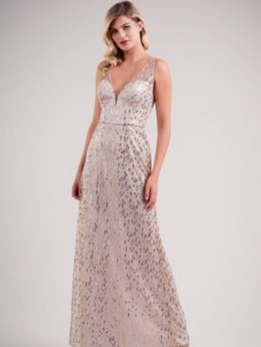 Deep V Sequin Floor Length Aline Evening Bridesmaid Dress Rose Gold B2 Jasmine